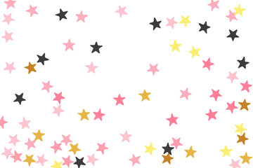 Abstract black pink gold stars magic vector backdrop. Little starburst spangles New Year decoration elements. Isolated stars magic background. Spangle particles gift decor.