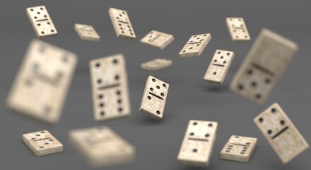 domino, domino pieces falling on a plain background, domino game, domino in a row, piece highlight, piece in focus, concept of change (3d illustration)