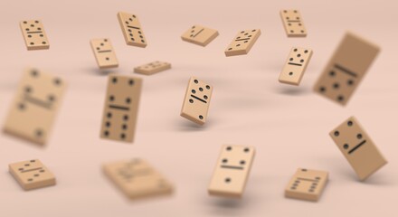 domino, domino pieces falling on a plain background, domino game, domino in a row, piece highlight, piece in focus, concept of change (3d illustration)