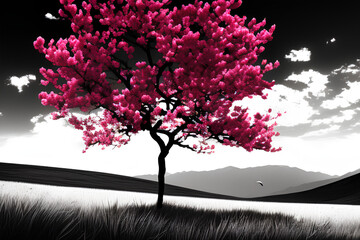 Illustration Background red cherry blossom on a black and white background - Generative AI