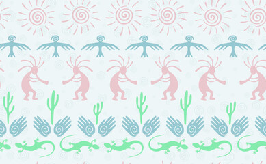 Kokopelli with flute, pangolin, hawk, sun symbol, hands and plant tribal vector seamless pattern.