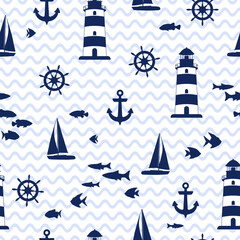Obraz na płótnie Canvas Lighthouse, yacht and fish vector illustration. Beacon on waves seamless pattern.