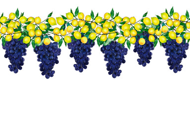 Hand-painted seamless border and pattern with lemons and grapes on tree branches with green leaves. Suitable for social media posts, postcards, invitations, prints, banners, fabrics, web ads and more.