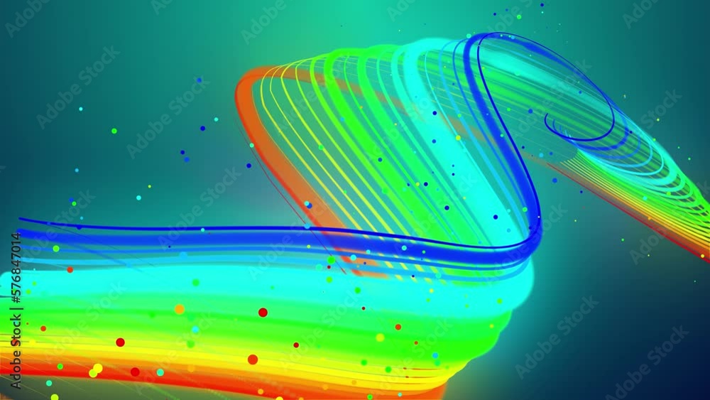 Poster rainbow color glow lines fly in air, smoothly oscillation and wave. 3d abstract looped creative back
