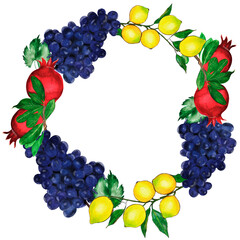 Hand painted round frame with red pomegranates, lemons, grapes and green leaves. Suitable for social media posts, postcards, invitations, mobile apps, banners design and web ads, prints and more.