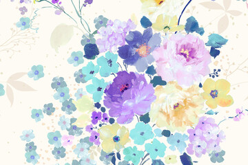 Fototapeta na wymiar Watercolor flowers, roses, peonies, paisley butterflies