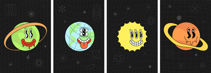Retro groovy planet characters with melted smiley faces on abstract space poster set. Earth, sun and saturn mascots on cosmic prints. Vintage graphic galaxy placards. Trendy y2k style vector banners