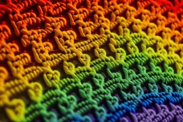 Element in the style of the LGBT rainbow flag crocheted. Background with selective focus. AI generated