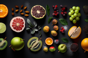 Fruit collection healthy food, background banner or header top view, dark studio setting, generative ai