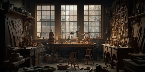 Workshop filled with various tools and machines used for woodworking and carpentry, concept of Woodworking Equipment and Carpentry Supplies, created with Generative AI technology