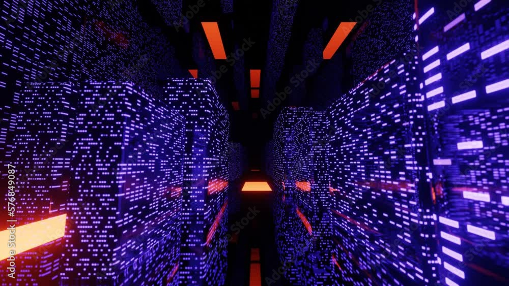 Poster abstract background like city. fly through technology cyberspace with neon glow. sci-fi flight throu