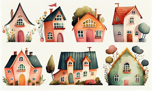 Set flat icons of houses and buildings isolated on white, generative AI