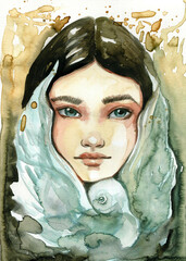 A watercolor illustration of a portrait of a girl in the arms of a dove of peace.
