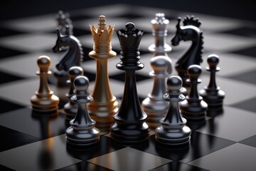 Chess game. Chess pieces on a board. Darck background. AI Generation