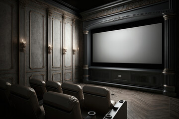 Cinema with blank screen. Mock up, Ad concept. AI generation