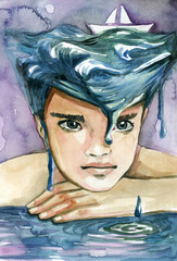 A watercolor illustration of a boy with a seascape in the background