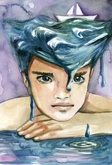 Fotobehang Schilderkunst A watercolor illustration of a boy with a seascape in the background
