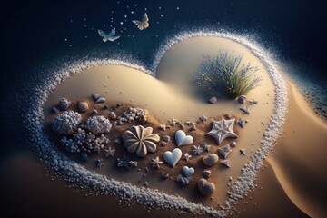 Symbolic heart on a sandy island. Love concept. AI generated