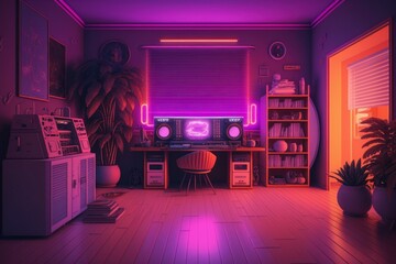 Interior in pink orange purple tones and neon lighting. AI generated