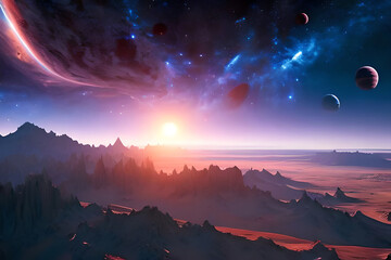 Space and the universe. A creative fantasy of space and planets in the star system of the universe. Ai-generated illustration about the theme of the search for new life forms in the universe.