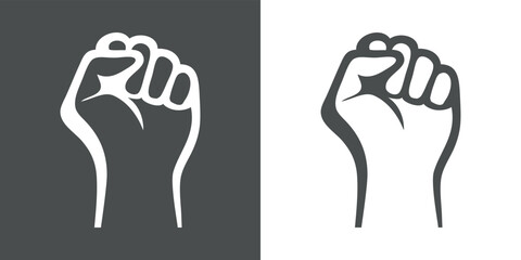 Símbolo de victoria, fuerza, poder y solidaridad. Silueta de puño cerrado levantado con líneas en fondo gris y fondo blanco
