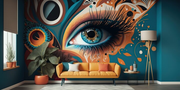 bright bold wall mural with intricate pattern showcasing maximalisms use of eye-catching patterns and imagery, concept of Bold Color Palette and Visual Interest, created with Generative AI technology