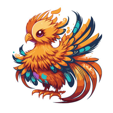 illustration of cute kawaii phoenix bird character