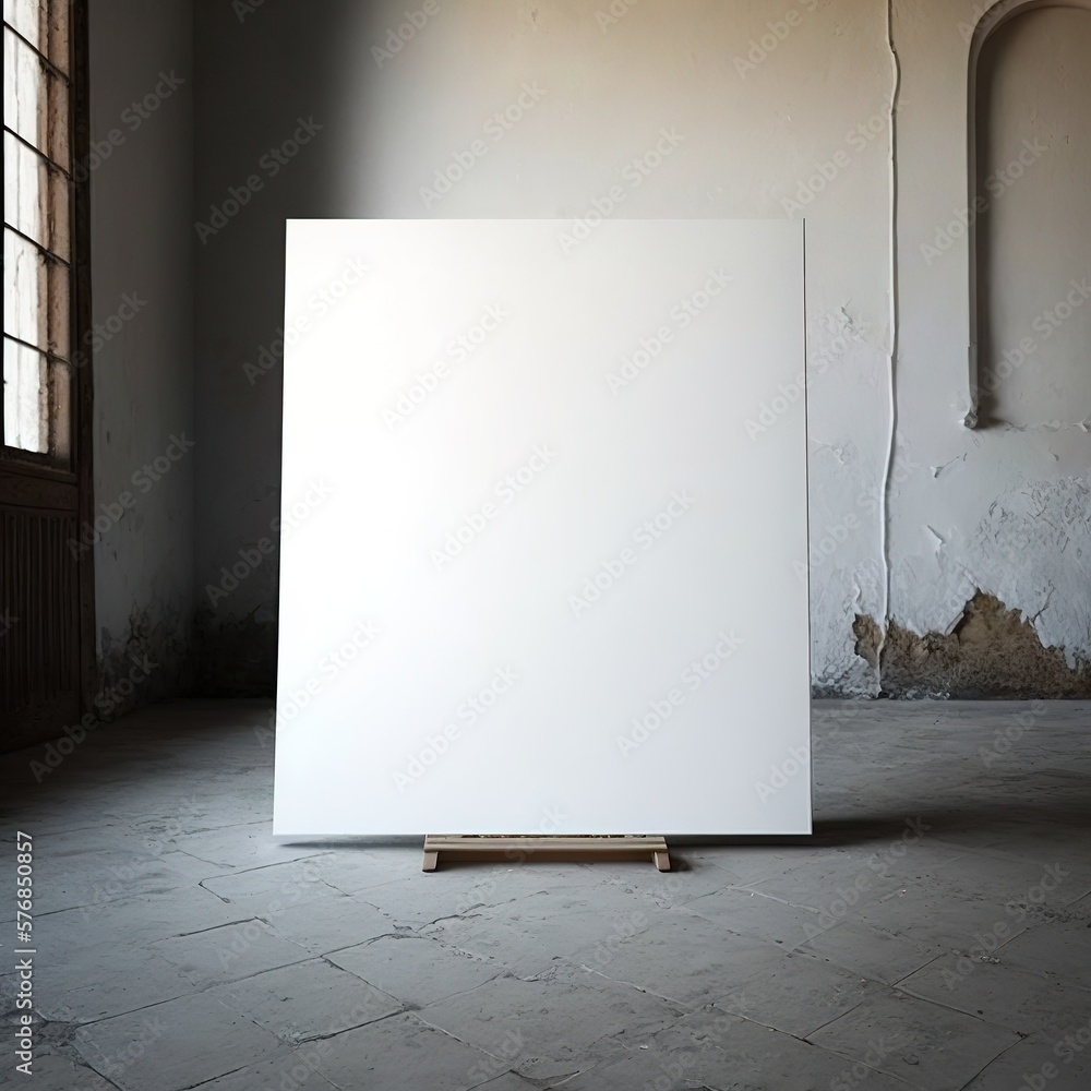 Wall mural large white blank unframed canvas standing on a wooden floor, generative ai