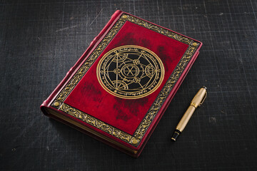 old book cover in red leather with gilded the frame and central detail