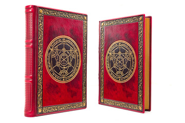 Fototapeta premium old book cover in red leather with gilded the frame and central detail