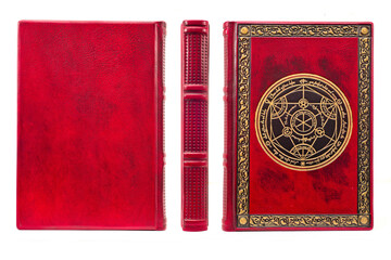old book cover in red leather with gilded the frame and central detail