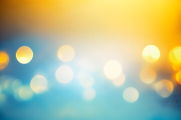 Colorful bokeh lights out of focus, abstract background with glowing dots in shades of blue and yellow, generative ai