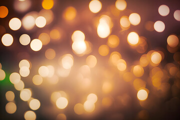 Obraz premium Defocused blurred bokeh lights background, soft focus of shining golden light dots, generative ai