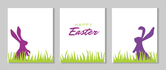 Easter Set of banners, greeting cards, posters, holiday covers. Minimalistic background with rabbits on the grass Modern art minimalist style. Greeting Easter card.