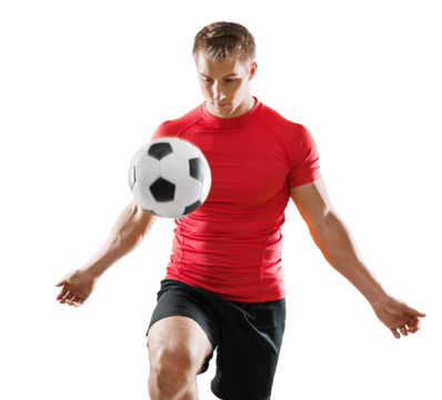 Single caucasian young man exercising football player