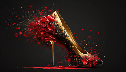 Fototapeta na wymiar gold and black stiletto heels on a black background women's day, eight march scrapbooking gold glitter bokeh red, Generative AI,