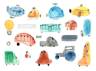 Set of cute stylized watercolor and ink transport. Watercolour collection of bus, cars, airplanes, helicopter and rocket for kids textile design, wrapping paper, stickers, labels, posters