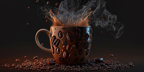 Mug with coffee beans, ground coffee in the air on a dark background, fresh roasted beans with smoke, layout and panorama with room for text, copy space. Generative AI