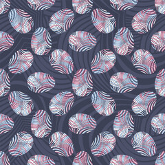 Simple flat Abstract seamless vector pattern with Easter Eggs decorated with random pink, blue and white stripes on purple. Suitable for web backgrounds, prints, wrapping paper and post cards.