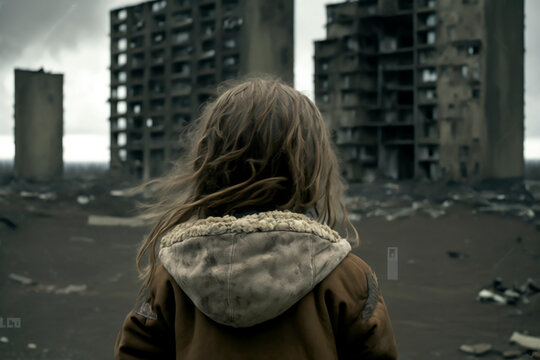 Child little girl standing alone view from the back and looking at the ruined city and buildings, homeless lonely child, earthquake. Generative AI