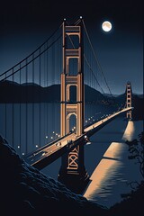 illustration, high angle night view of the golden gate, ai generative