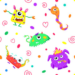 Seamless pattern. Funny and colorful monsters. Vector.