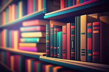 Defocused abstract background of books on a library shelf, representing learning and financial aid. The concept of International Literacy Day. Generative AI
