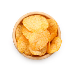 Bowl with delicious potato chips isolated on white background