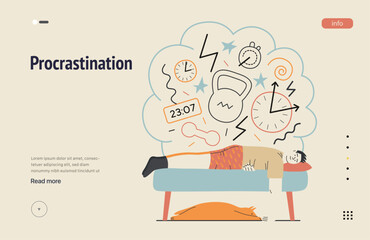 Mental disorders web template. Procrastination - modern flat vector illustration of man suffering under the weight of problems and obligations. People emotional, psychological, mental traumas concept