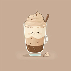 Flat cartoon illustration of cute beautiful glass cup of coffee drink in pastel brown colors
