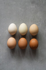 Minimalist Easter eggs. Nature colors gradient eggs on a gray background. A chicken egg as a valuable nutritious product. Top view flat lay