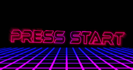 Composition of press start text in pink neon font over grid on black background
