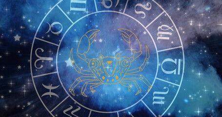 Zodiac star sign wheel with cancer sign over stars