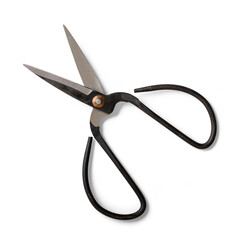 Traditional style black steel bonsai garden shears scissors isolated on a transparent background, PNG. High resolution.